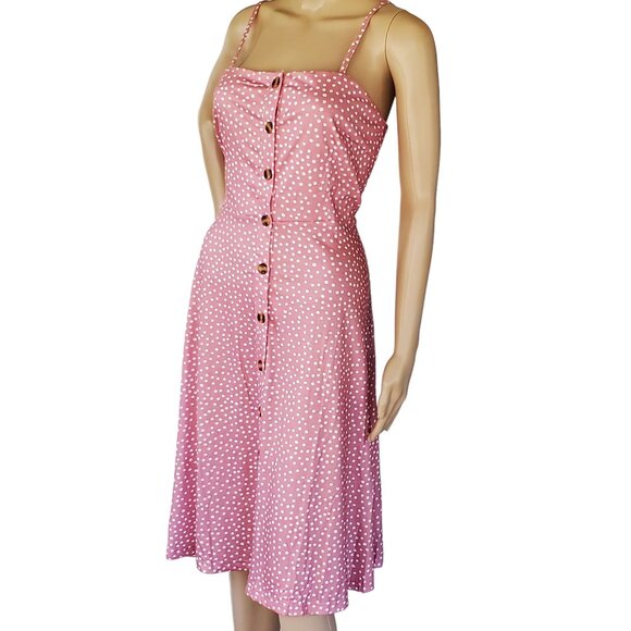 Pink Polka Dot Midi Sundress Women's M Button Front Spaghetti Straps NWT - Picture 1 of 12